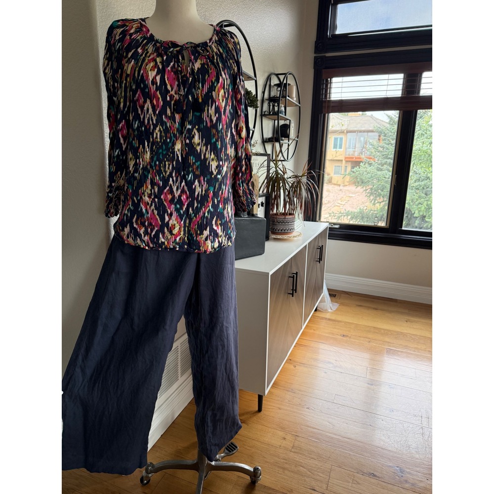 Michael Kors 100% Linen Wide Leg Pants Women's Size 16 Navy Blue Boho Minimalist